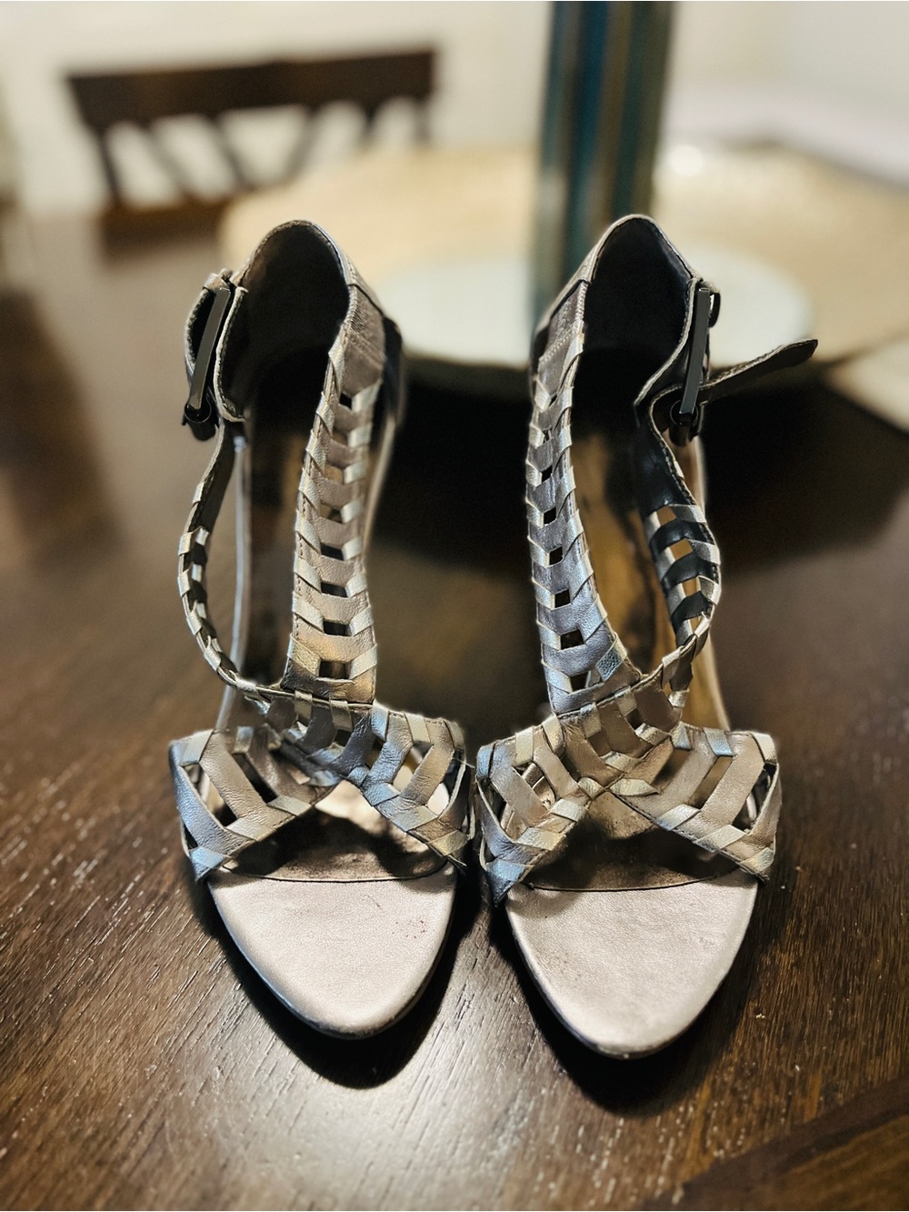 Guess Women “Rianne” Pewter Woven Ankle-Strap Heels with Buckle